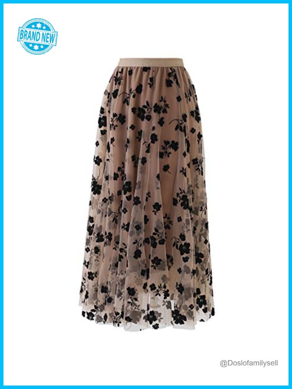 3D Posy Double-Layered Mesh Midi Skirt - Romantic Floral High Rise A-Line - Picture 6 of 7